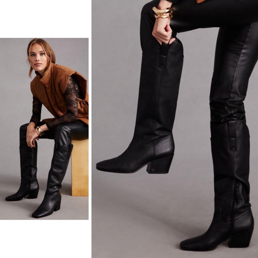 •SAM EDELMAN• Black Leather Britten Western Knee-High Square Toe Boot‎ Size 5M